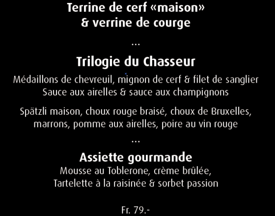 Auberge Eclépens - Menu du Chasseur 25